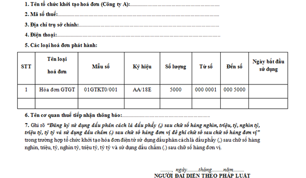 Mẫu đơn quyết định phát hành hóa đơn điện tử
