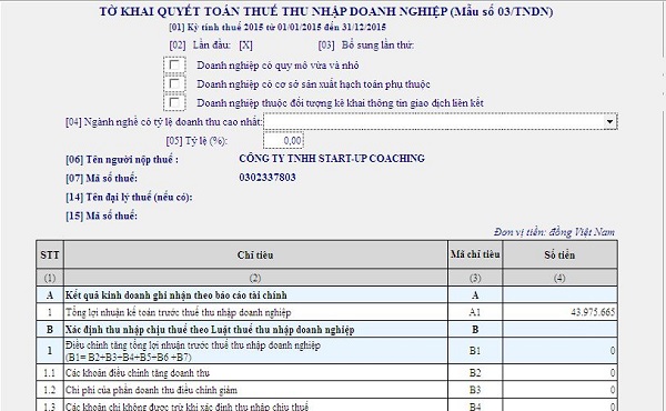 Mẫu tờ khai quyết toán toán thuế TNDN 03/TNDN