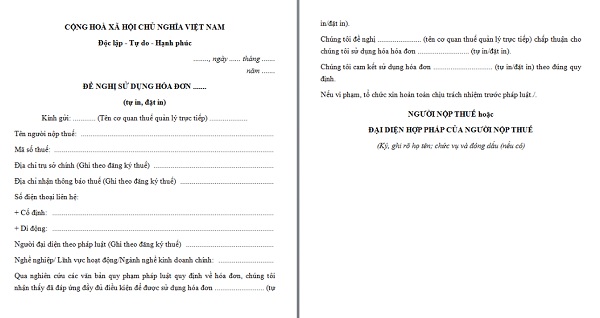 Mẫu đơn đề nghị sử nghị sử dụng hóa đơn GTGT.