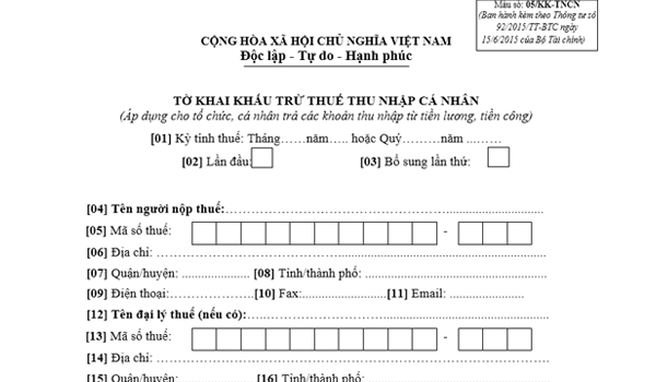 Mẫu 05/KK-TNCN - Tờ khai thuế thu nhập cá nhân.