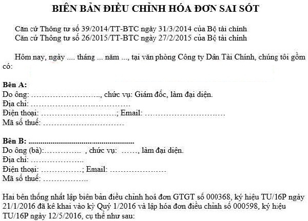 Mẫu biên bản điều chỉnh hóa đơn sai nội dung đối với trường hợp sai nội dung hàng hóa, đơn vị tính.