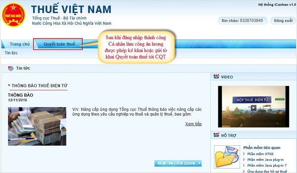 Tiến hành kê khai thuế TNCN trên Website Thuế điện tử.