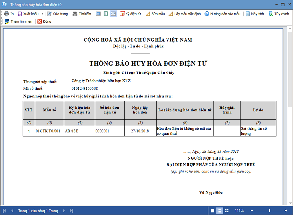 Tiến hành gửi thông báo hủy hóa đơn điện tử theo mẫu số 04 Nghị định 119/2018/NĐ-CP.