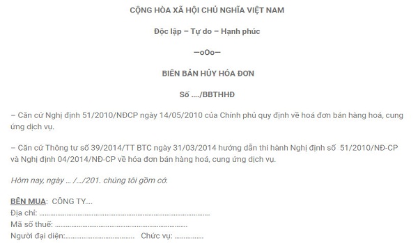 Mẫu biên bản hủy hóa đơn điện tử mới nhất bạn có thể tham khảo.