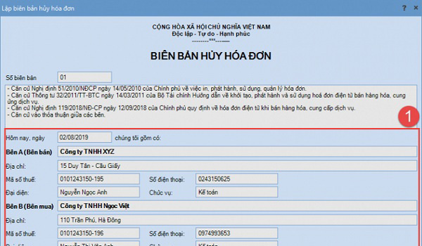 Hướng dẫn điền biên bản hủy hóa đơn