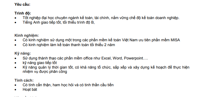 Ví dụ về yêu cầu công việc của kế toán thanh toán