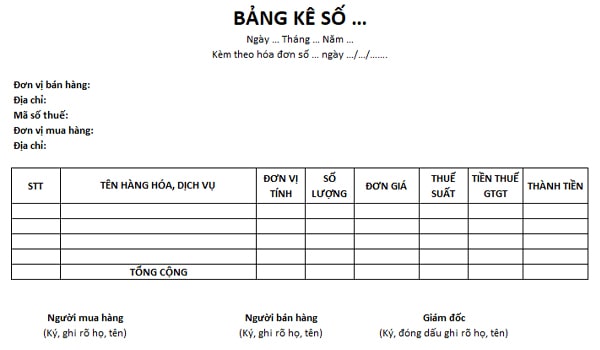 Mẫu bảng kê bán hàng