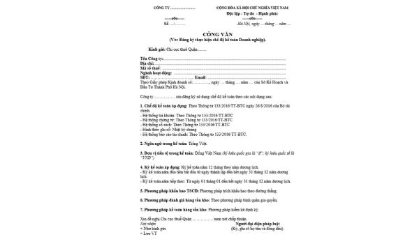 Mẫu công văn đăng ký thực hiện chế độ, hình thức kế toán doanh nghiệp.