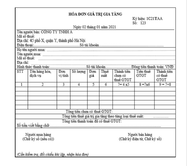 Mẫu hóa đơn điện tử giá trị gia tăng sử dụng khi kê khai thuế giá trị gia tăng.