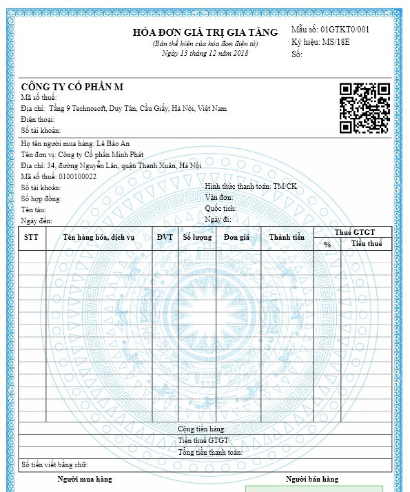 Mẫu hóa đơn điện tử dành cho lĩnh vực vận tải