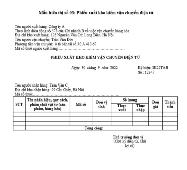 Mẫu xuất kho kiêm vận chuyển điện tử