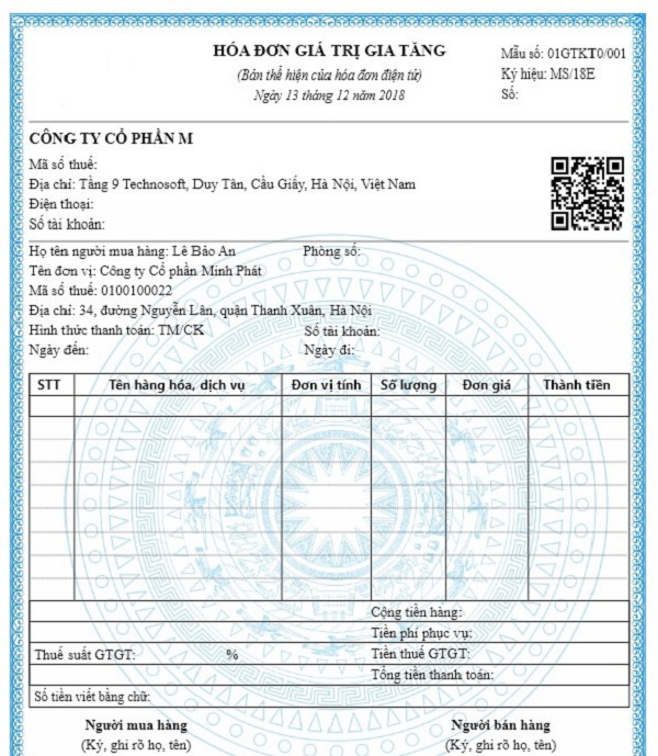 Mẫu hóa đơn điện tử dành cho lĩnh vực giáo dục