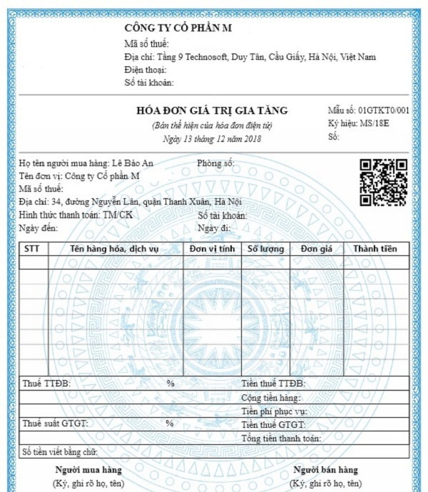 Mẫu hóa đơn điện tử GTGT dành cho lĩnh vực khách sạn không thuế tiêu thụ đặc biệt