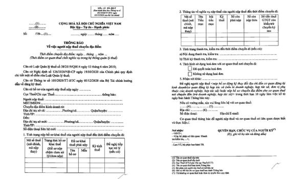 Mẫu thông báo thay đổi địa chỉ công ty gửi cơ quan thuế mới nhất.