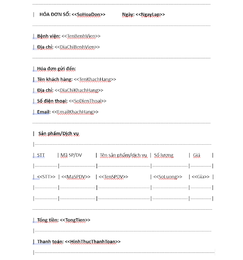 Mẫu hóa đơn điện tử ngành y tế tượng trưng chuẩn bị làm mail merge