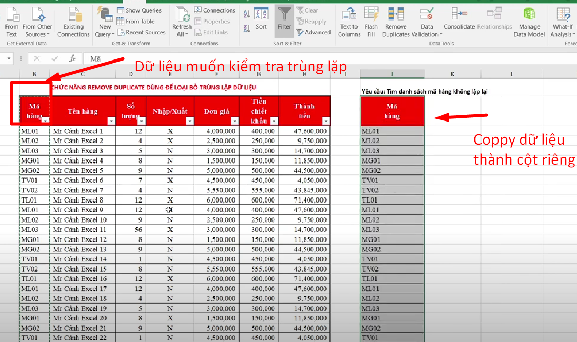 Tạo cột riêng để tiến hành xử lý dữ liệu Remove Duplicates
