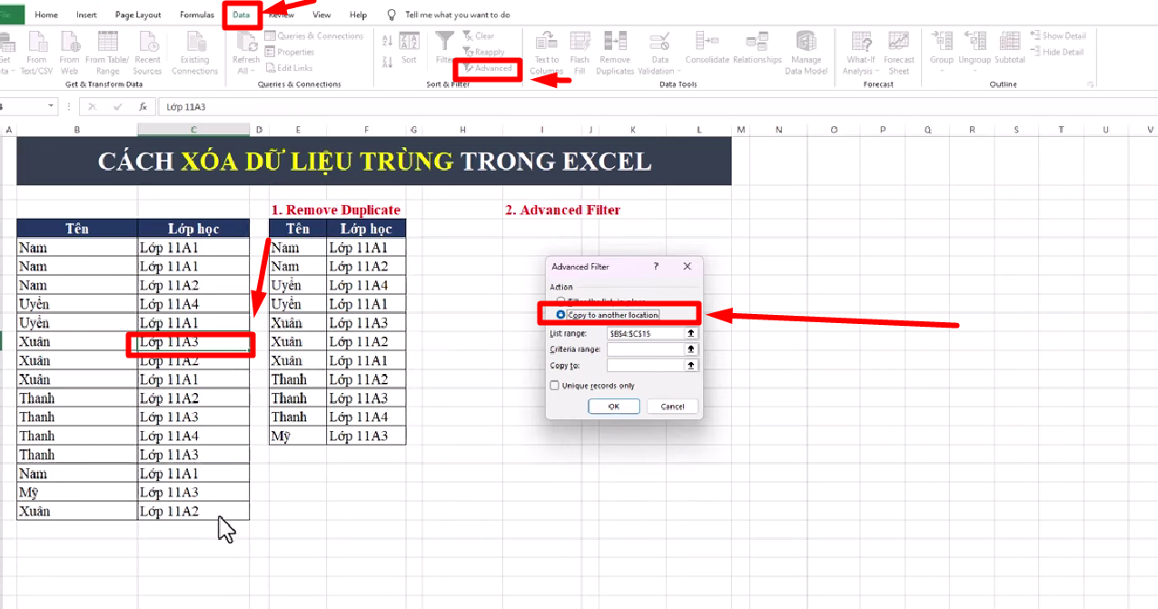 Sử dụng Avanced FILTER để xóa trùng lặp dữ liệu trên Excel