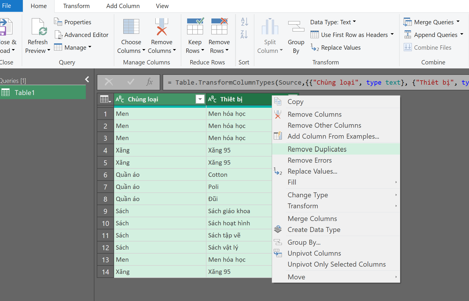 Di chuyển dữ liệu từ bảng Power Query