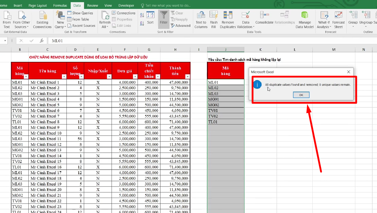 Remove Duplicates xóa dữ liệu trùng lặp trên excel