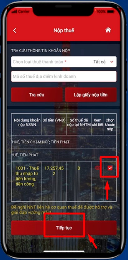 Tick vào khoản nợ bạn cần thanh toán