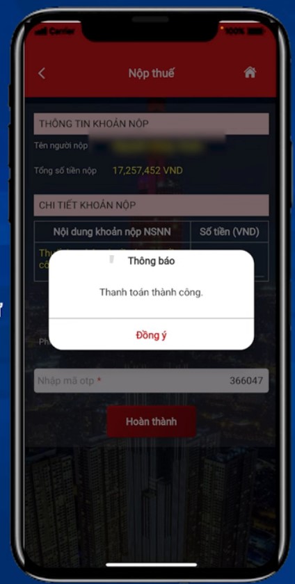 Thanh toán thành công mức đóng thuế thu nhập cá nhân